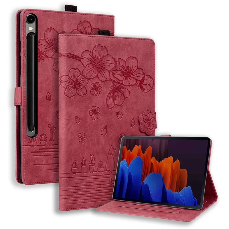 Embossed Flowers PU Leather Wallet Flip Stand Cover with Cat Pattern