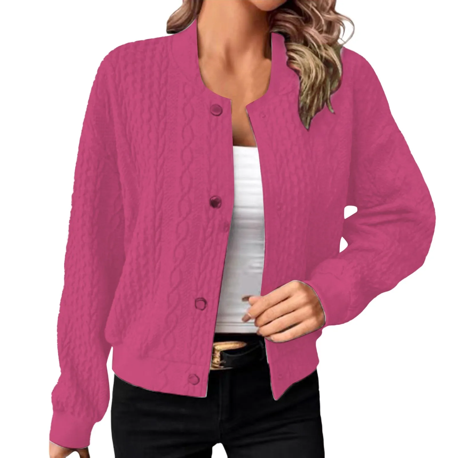 

Women's Fashion Casual Comfortable Loose Jacquard Standing Collar Single Breasted Top Coat
