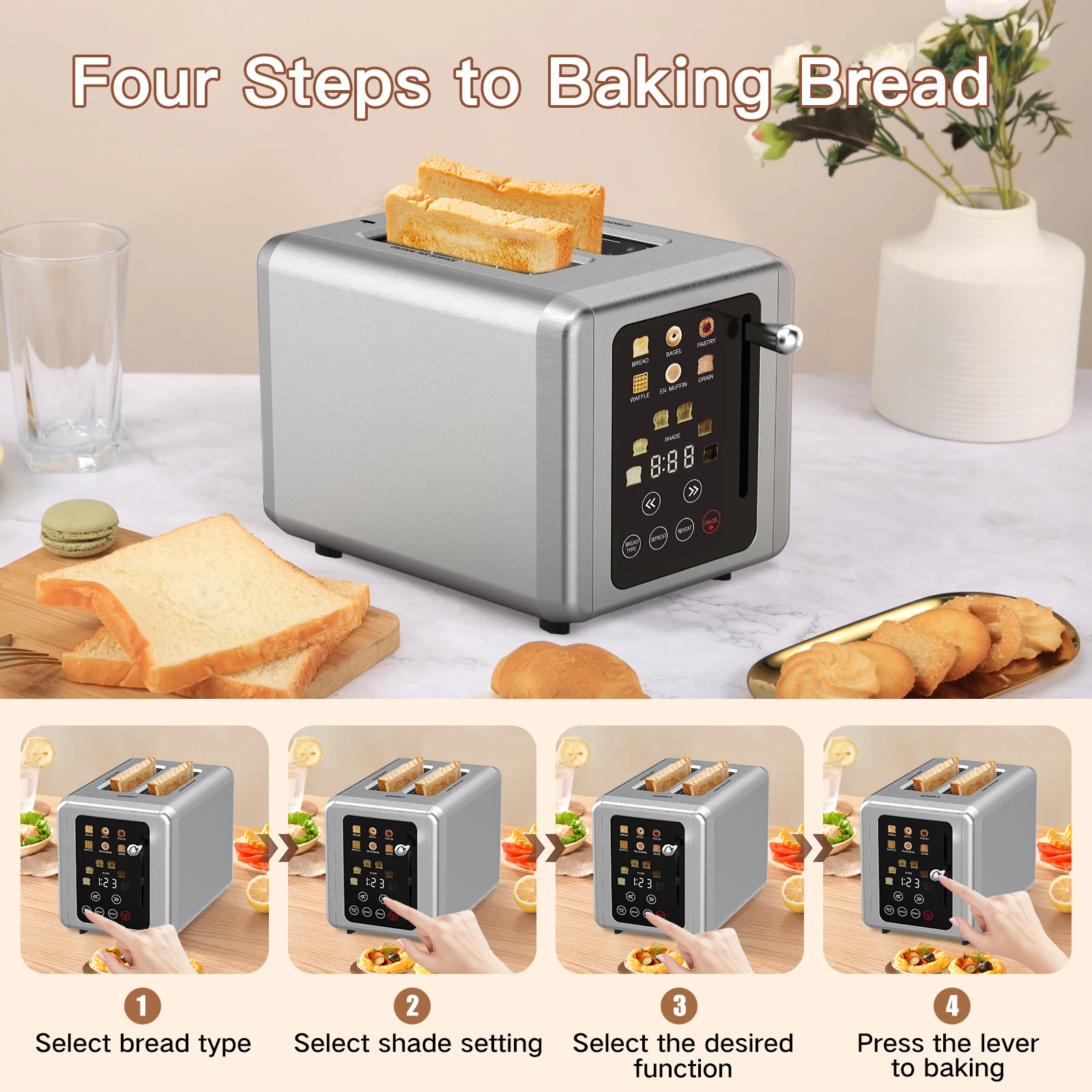ZCWA Electric Toaster 850W Automatic Breakfast Machine Grill Portable Intelligent Touch Screen Toaster Household Bread Maker 4