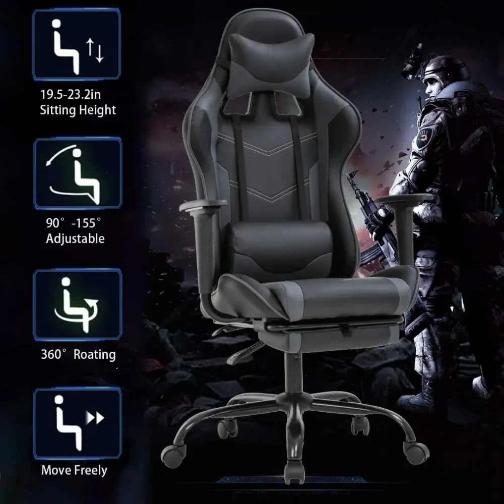 Gaming Chair Cheap Desk Chair Executive PU Leather Rolling Swivel Computer Chair With Lumbar Support Grey Office Furniture 4