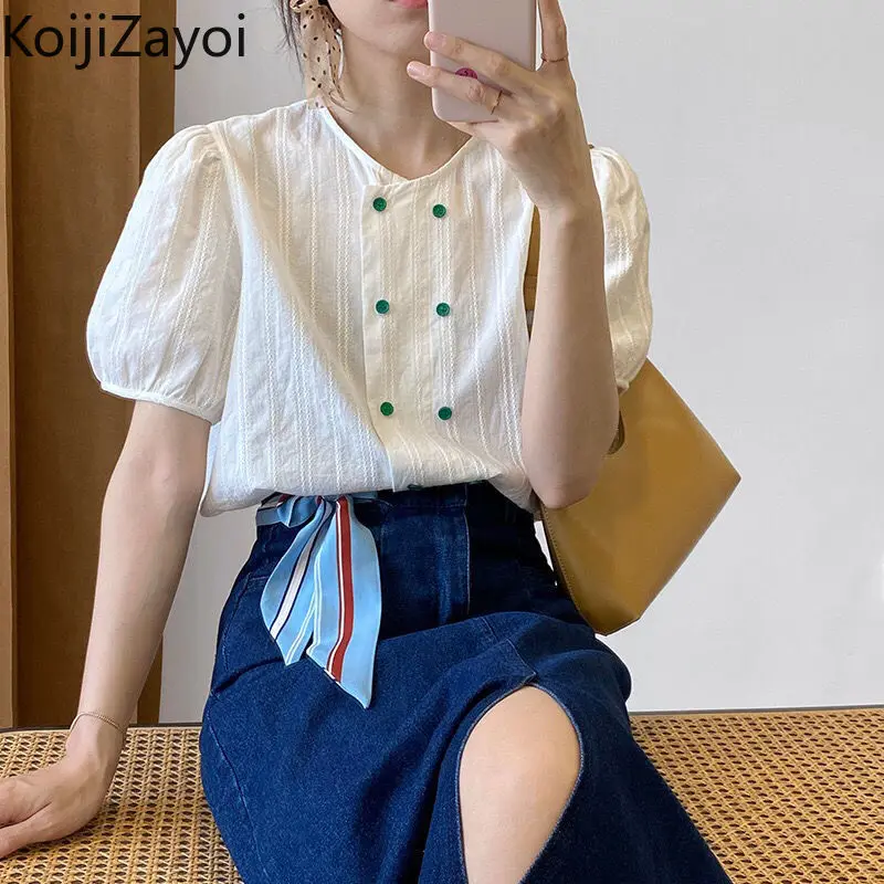 

Koijizayoi Summer New O Neck Double-breasted Shirt Women's 2022 Summer Korea Short-sleeved Blouse Loose Casual All Match Blusas