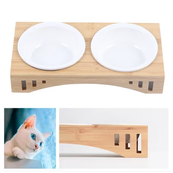 Cat Bowl Feeding And Water Double Bowls Feeding Station Non-Slip Cat Accessories With Raised Bamboo Stand 5
