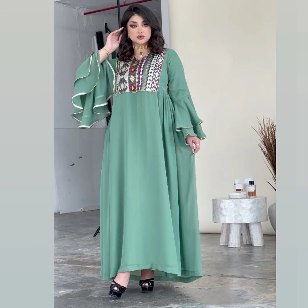 

Muslim Abaya Women's Long Dresses 2022 Velvet Sequin Print Muslim Green Chiffon Dress Fashion Casual Arabian Lady Evening Robe