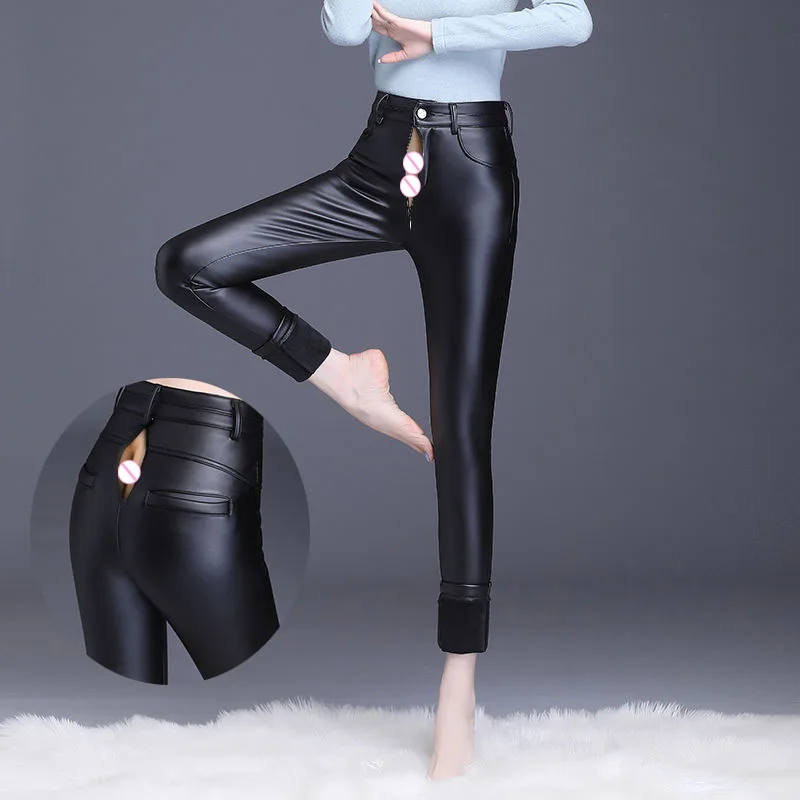 Invisible Open Crotch Outdoor Sex Leather Pants Women High Waist Elastic Plus Size Velvet Warm Pu Jeans Tight Leggings Trousers