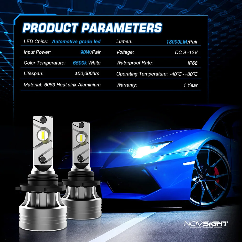 Novsight N55 H7 LED Headlight For Car H4 LED H1 H11 9005 9006 HB3 HB4 90W 18000LM 6500K 12V Auto Headlamp Fog Light Bulbs led car lights led lights led bulbs led headlights led car headlights car headlamps hid headlight bulbs