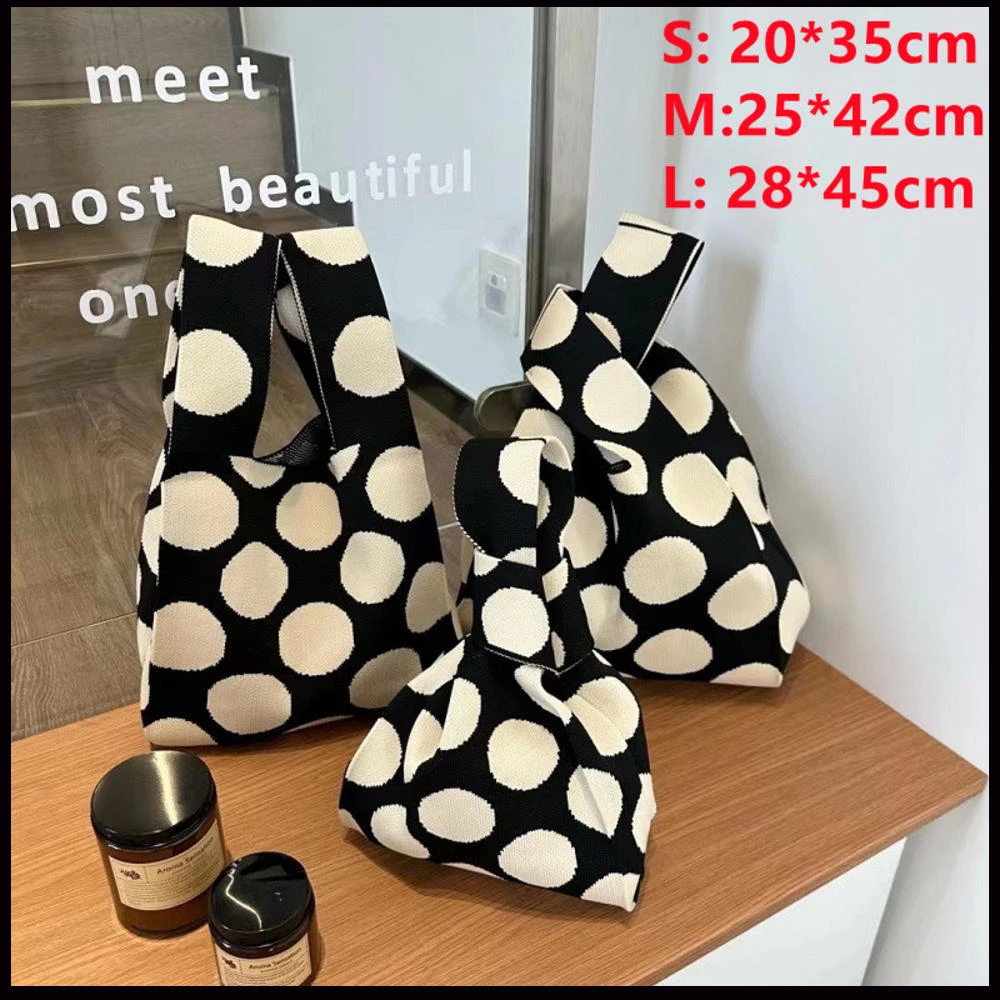 

Niche Design Polka Dot And Stripe Knitted Handbag One Shoulder Korean Style Trendy Versatile Tote Bag Reusable Shopping Bag