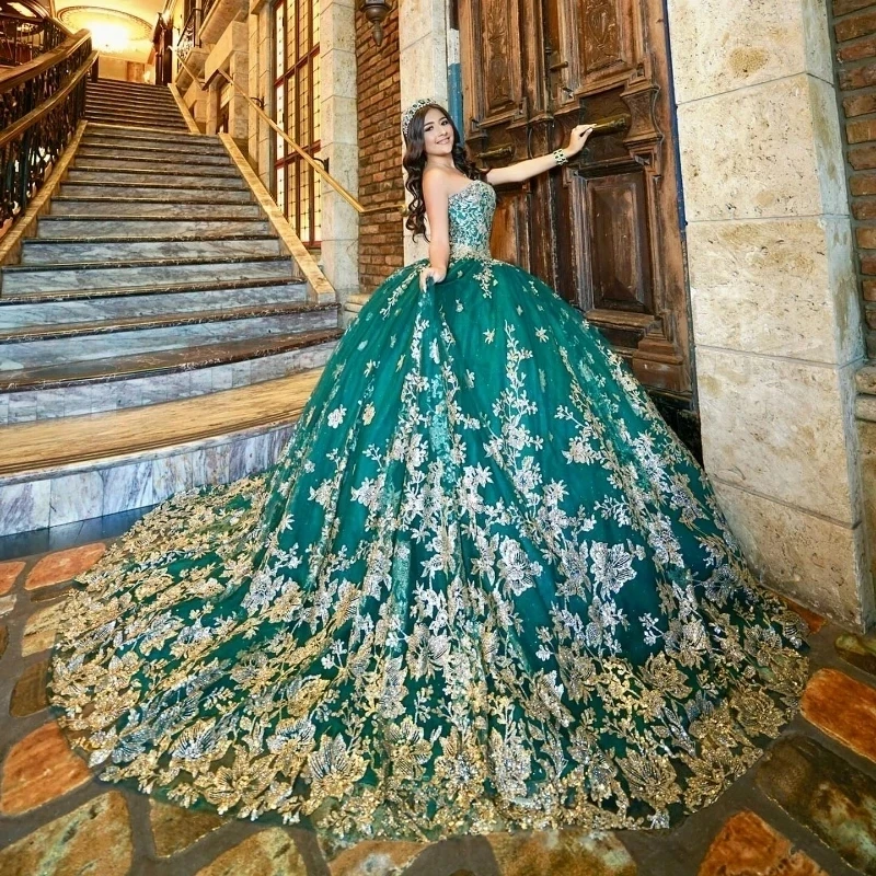 

Mexican Green Quinceanera Dresses Ball Gown Gold Beaded Lace Appliques Tul Sweet 16 Dress Princess Lace Up Vestido De 15 Años