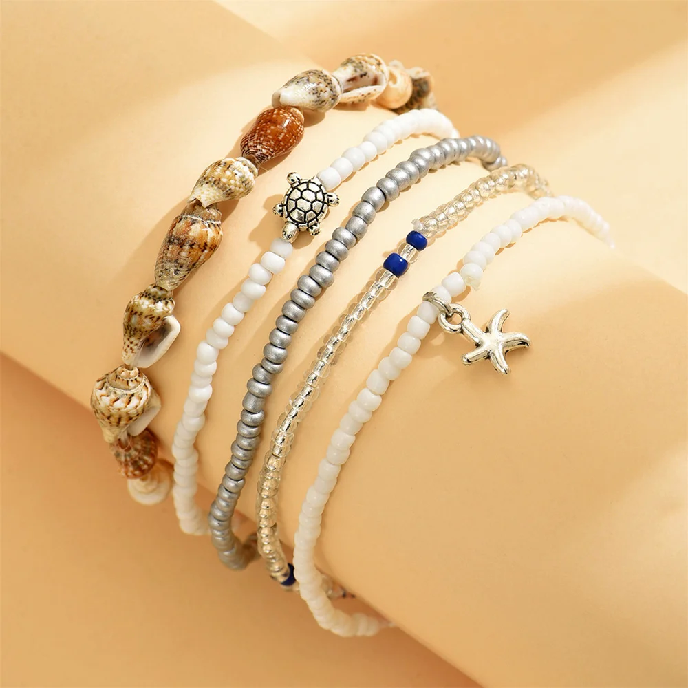 5pcs/Set Cute Sea Turtle Starfish Conch Rice Beads Anklets For Women Silver Color Foot Chain Ankle Bracelet Beach Summer Jewelry