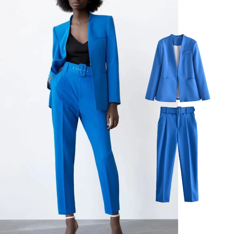 

TRAF 18 Colors 2Pcs Women Solid Blazer Suit Sets Spring Autumn Office Lady Streetwear Jacket+Long Pants Outfits Belt Trousers