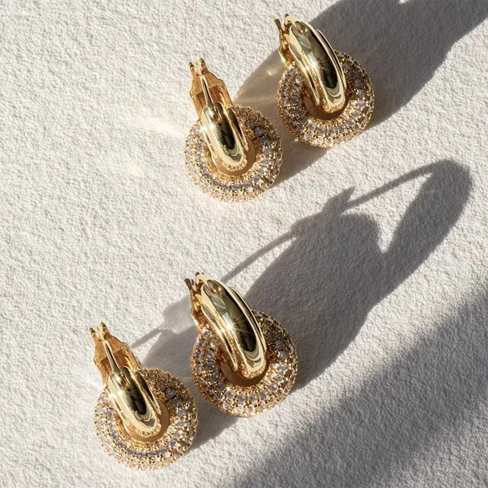 Punk Double Circle Zircon Hoop Earrings for Women Minimalist Gold Plated Stainless Steel Small Round Ear Huggie Fashion Jewelry