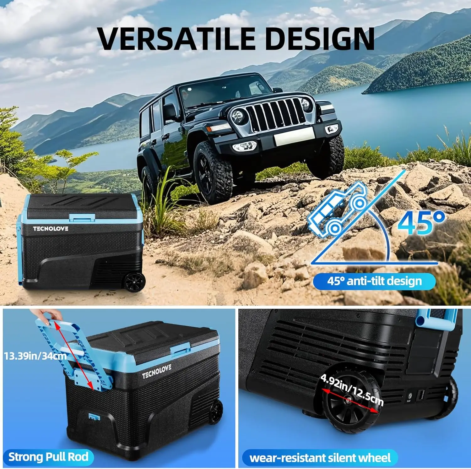 Portable 48 Quart Compressor Cooler: 45 Liters, -4°F to 68°F, Single Zone, Reversible Door, Battery Compatible, All-Terrain Use