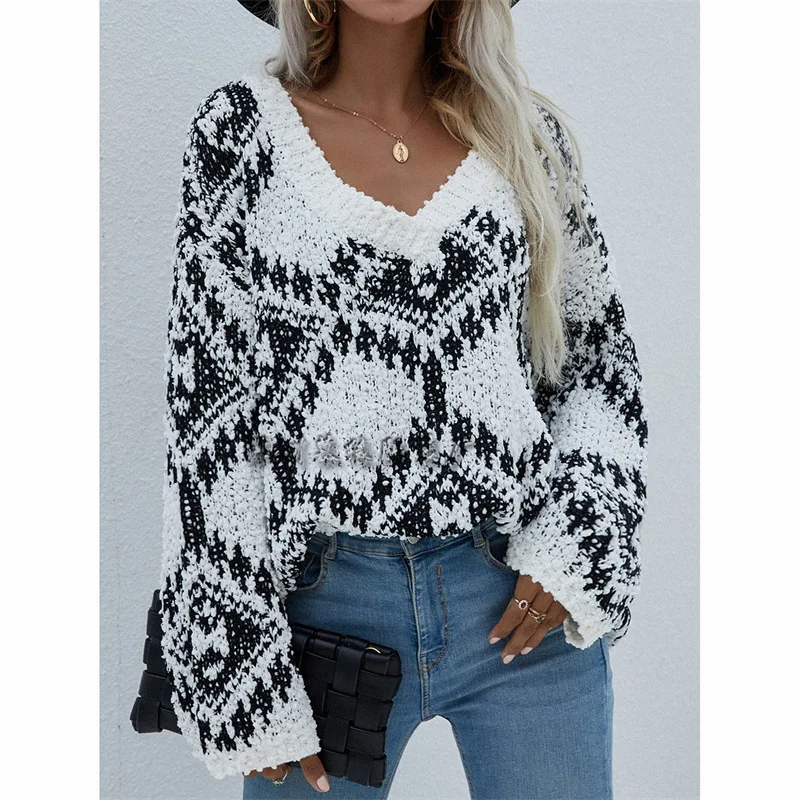 

Women Loose Pullover Sweaters 2023 Oversize V-neck Screw Thread Tops Long Sleeve Streetwear Pringting Knitwears Casual Sweaters