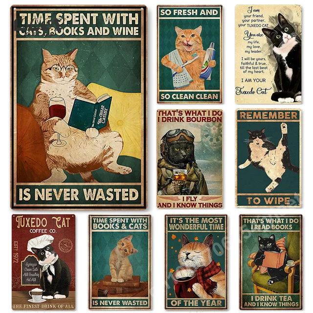 Animal Black Cat Art Poster Creative Metal Tin Signs for Living Room Kid Bedroom Wall Decoration Cafe Western Restaurant Plaques