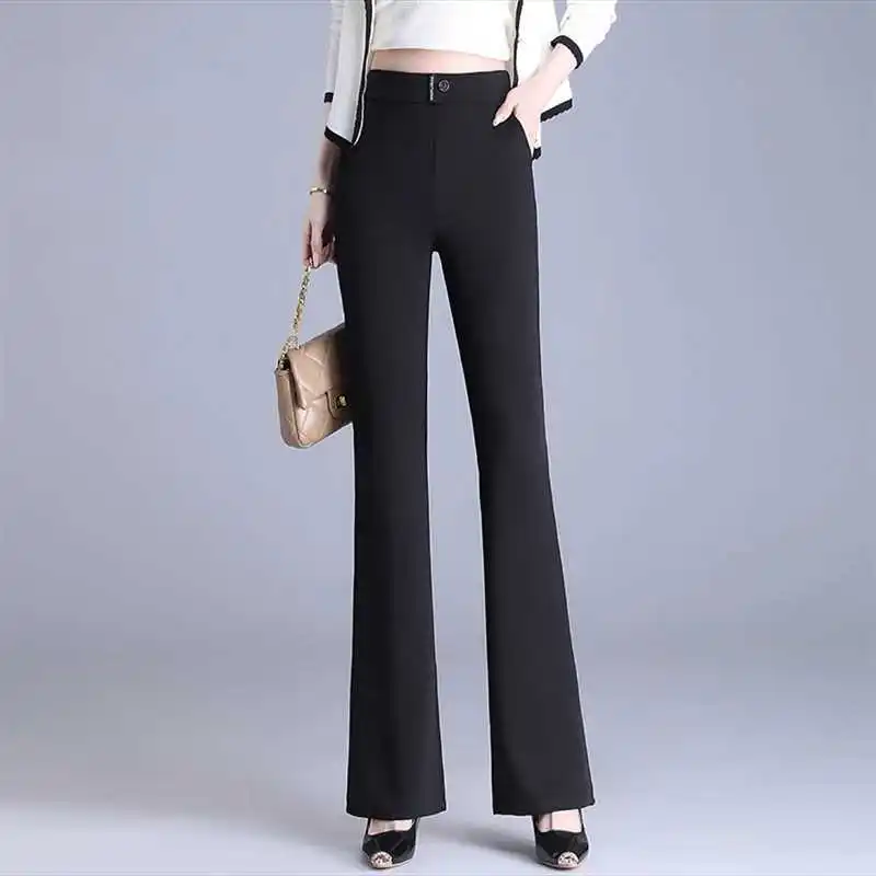 Women's 2024 Summer Flare Pants Commute Solid Color Breathable Button Pockets Straight High Waisted Elastic Slim Casual Trousers
