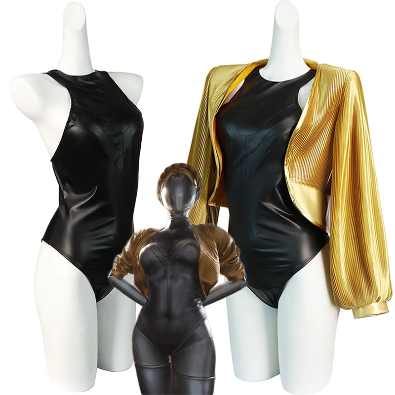 

The Robot Twins Cosplay Female Robots Swimsuit Atomic Heart Ballerina Costume Golden Coat and Bodysuit for Women