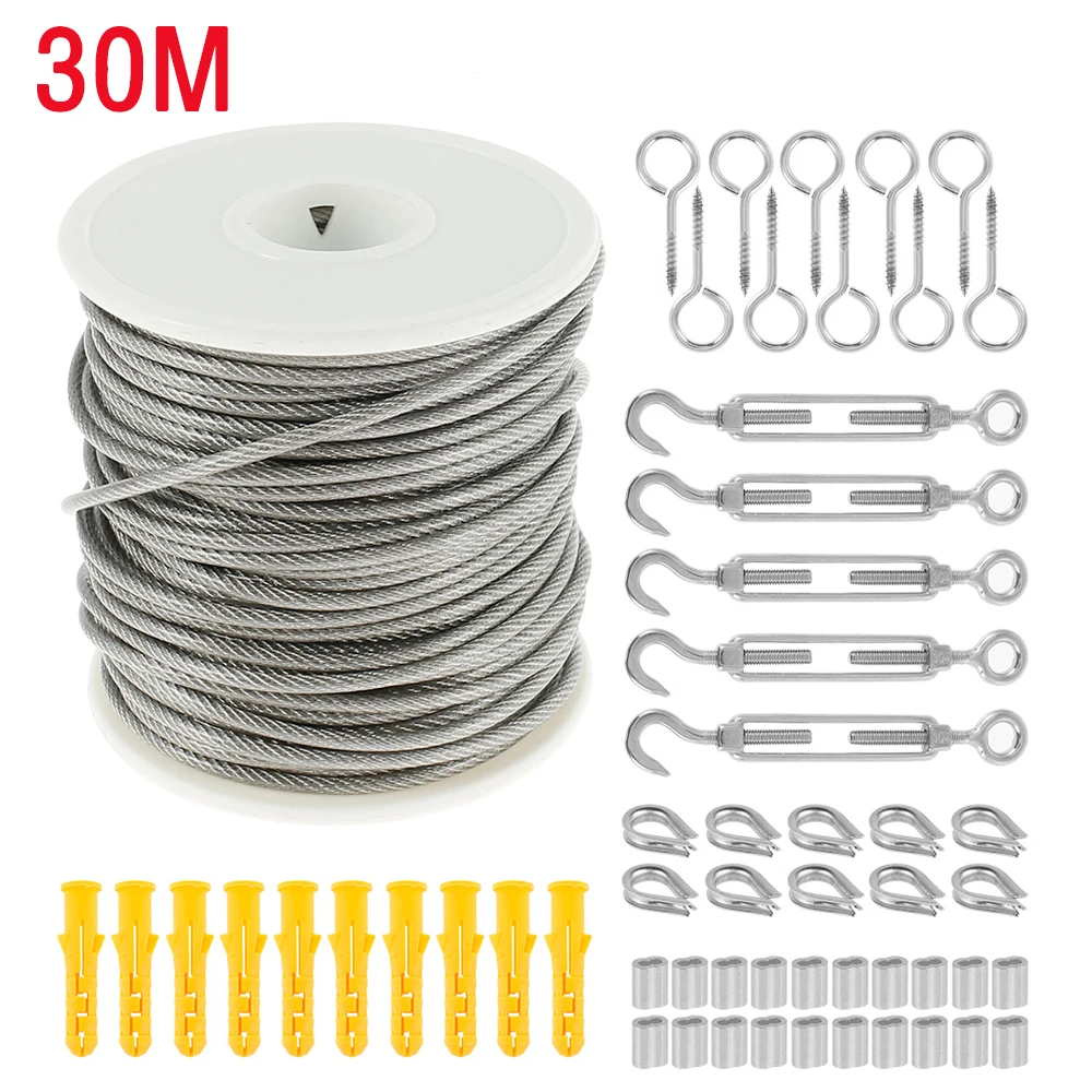 15M/30M Picture Wire Cable Railing Kit Garden Heavy Duty Screw Eye Screw Turnbuckle Wire Tensioner Strainer Coated Cable Rope stainless steel wire rope,stainless steel cable rope