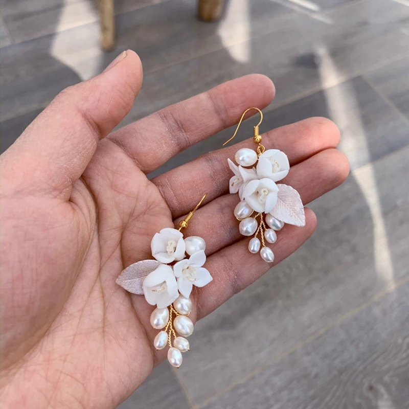 Freshwater Pearls Wedding Bridal Earrings White Porcelain Flower Women Drop Earring Handmade Jewelry 4
