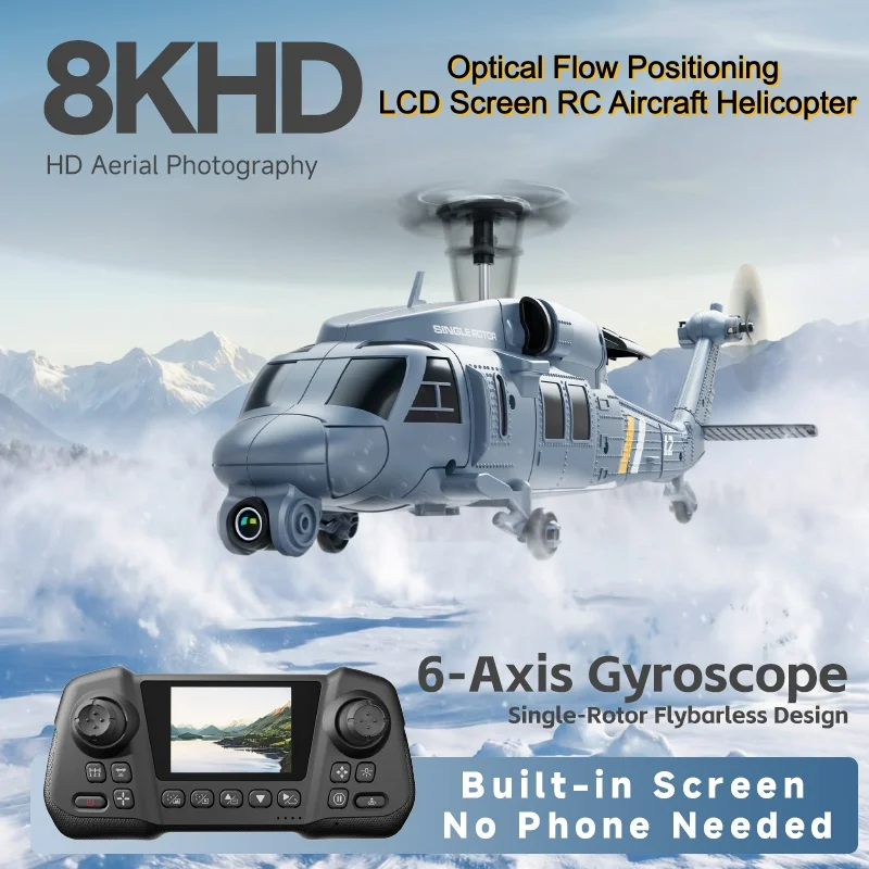 군용 원격 조종 스크린 헬리콥터 6축 자이로 단일 로터 8K 공중 광학 흐름 스크린 탑재 WIFI FPV RC 헬리콥터 장난감