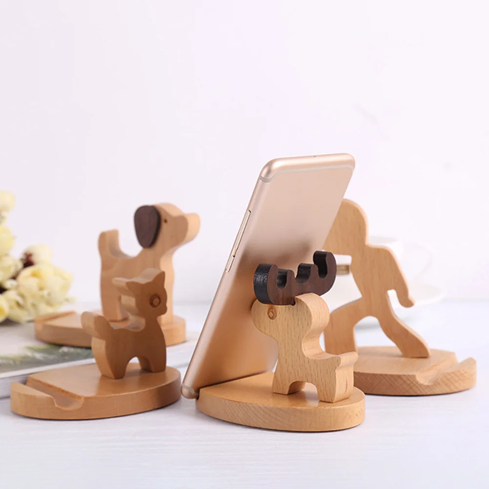 Solid Wood Deer/Dog Mobile Phone Holder Car Home Mount Bracket Mobile Tablet Desktop Stand Non-Slip for Table Desk Room Office
