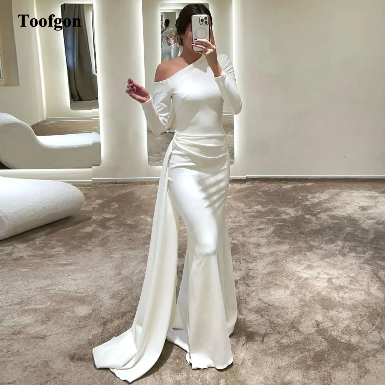 

Toofgon Mermaid Matte Satin Evening Dresses Ivory Long Sleeves Fishtail Women Formal Prom Party Gowns With Train Pageant Dress