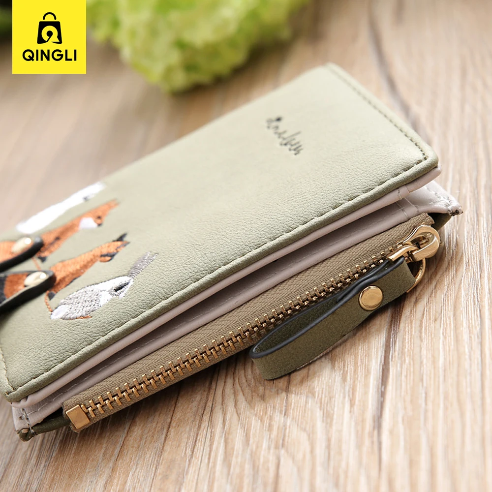 New Embroidered Animal Design Wallet for Women Vogue Cartoon Raccoon Fox Tail Leather Wallets Zip Coin Pocket Student Fold Purse 5