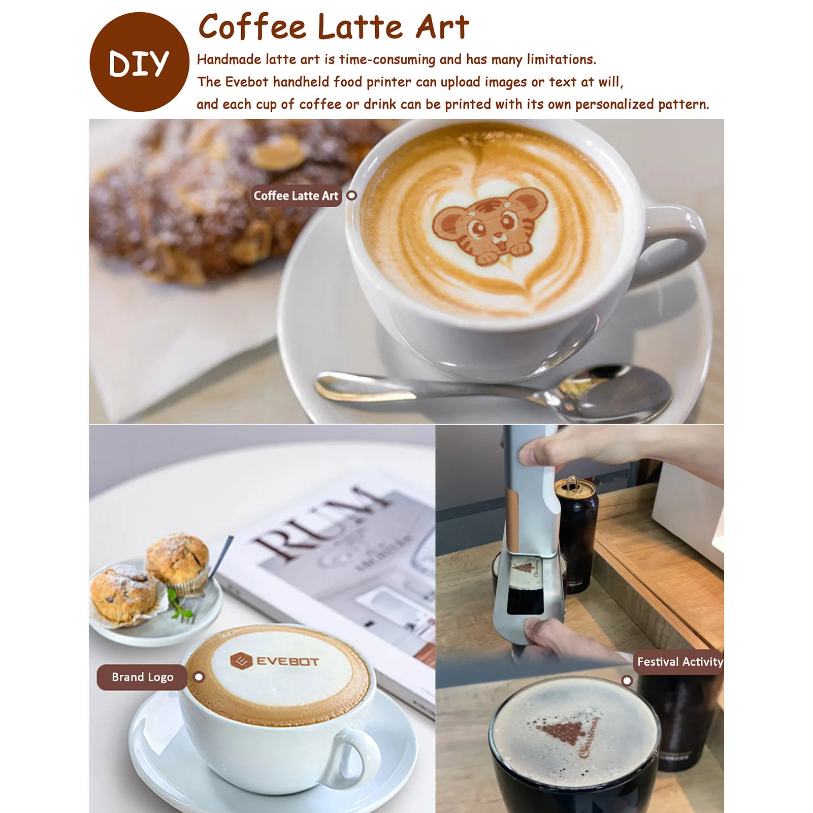 EVEBOT printpen Handheld Food Printer Portable Mini Coffee Latte