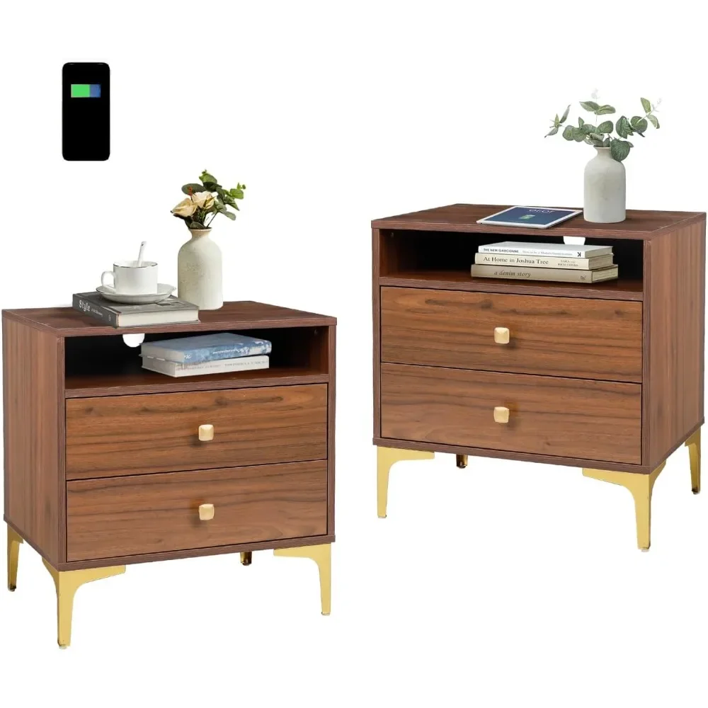 Nightstands Set of 2 with Wireless Charging Function, Wood Night Stands 2 Sets with Drawers and Open Shelf Storage