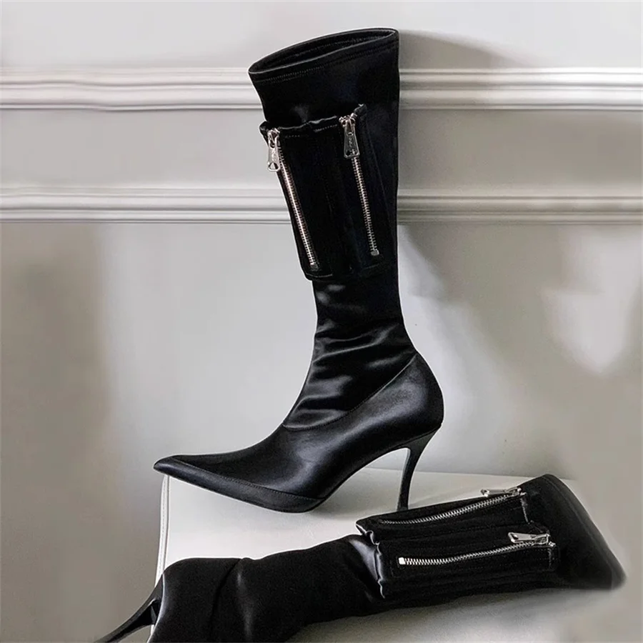 

2024 New Designer Women Sock Boots Pointed Toe High Heel Botas Double Zipper Autumn Slim Fit Black Dress Shoes Valentine Pumps