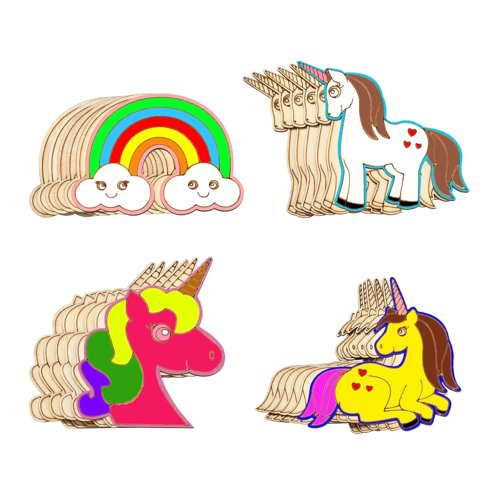 

10/40 Pcs Rainbow Unicorn Wood Cutouts Ornaments Unfinished Wood Pieces Blank Wooden Ornaments for DIY Painting