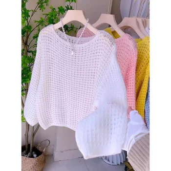 Spring and Summer Thin Hollow Long Sleeve Knitted Sweater for Women, Loose Breathable Vintage Design Top 1