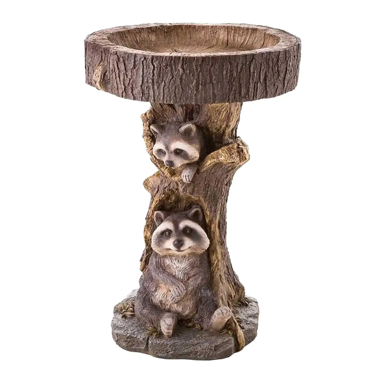 Garden Bird Bath Bowl Patio Landscape Lawn Raccoon Statue Figurine Resin Feeder for Outside Deck Courtyard Railing Housewarming