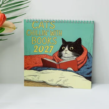 Calendario da Parete Gatti 2027, Gatti Rilassati con Libri, Calendario Gatti Divertente, Regalo per Amanti dei Libri, Decorazione Casa Originale, Arte Gatti Carini, Tema Letterario