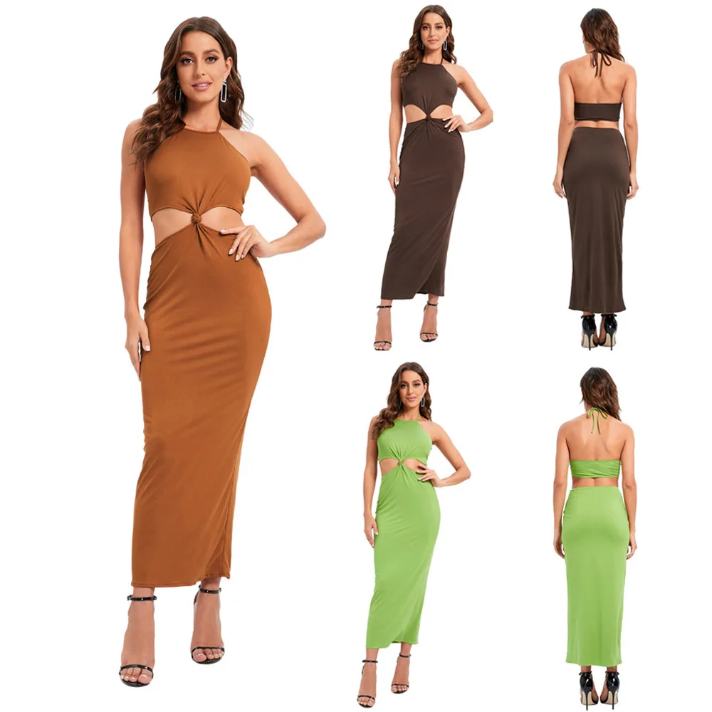 

Tilorraine European and American women's sexy open back sleeveless neck dress tight hip wrap skirt long open waist dress female