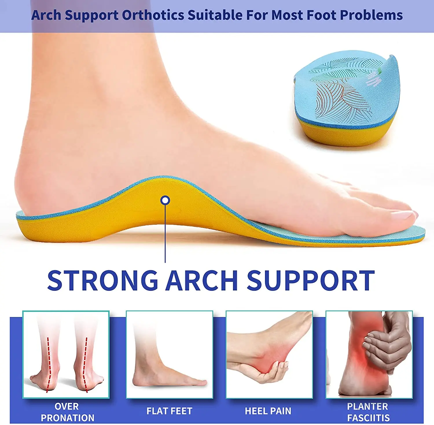 Walkomfy Pain Relief Orthotics Plantar Fasciitis High Arch Support Insoles Orthotic Shoe Inserts for Flat Feet,Metatarsalgia