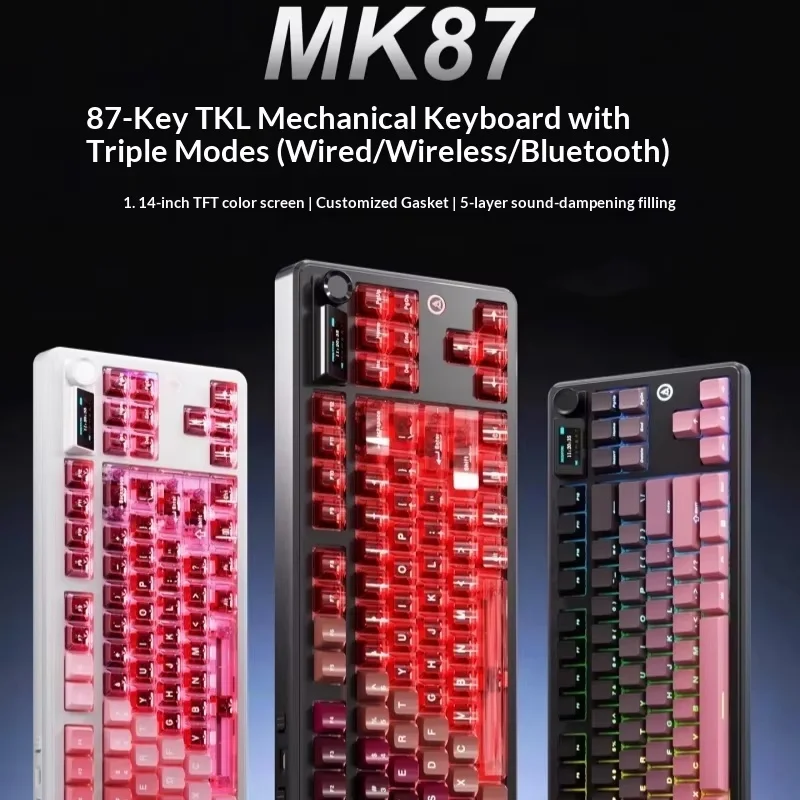 AJAZZ MK87 PRO 무선 트라이 모드 기계식 키보드 87키 10000mAh 듀얼 8K TFT 스크린 가스켓 PC e스포츠 노트북 키보드