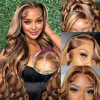 Honey Blonde Ombre Highlight Body Wave Lace Front Human Hair Wigs Pre Plucked Glueless Straight Deep Wave Frontal Wigs For Woman On Clearance Sale 1