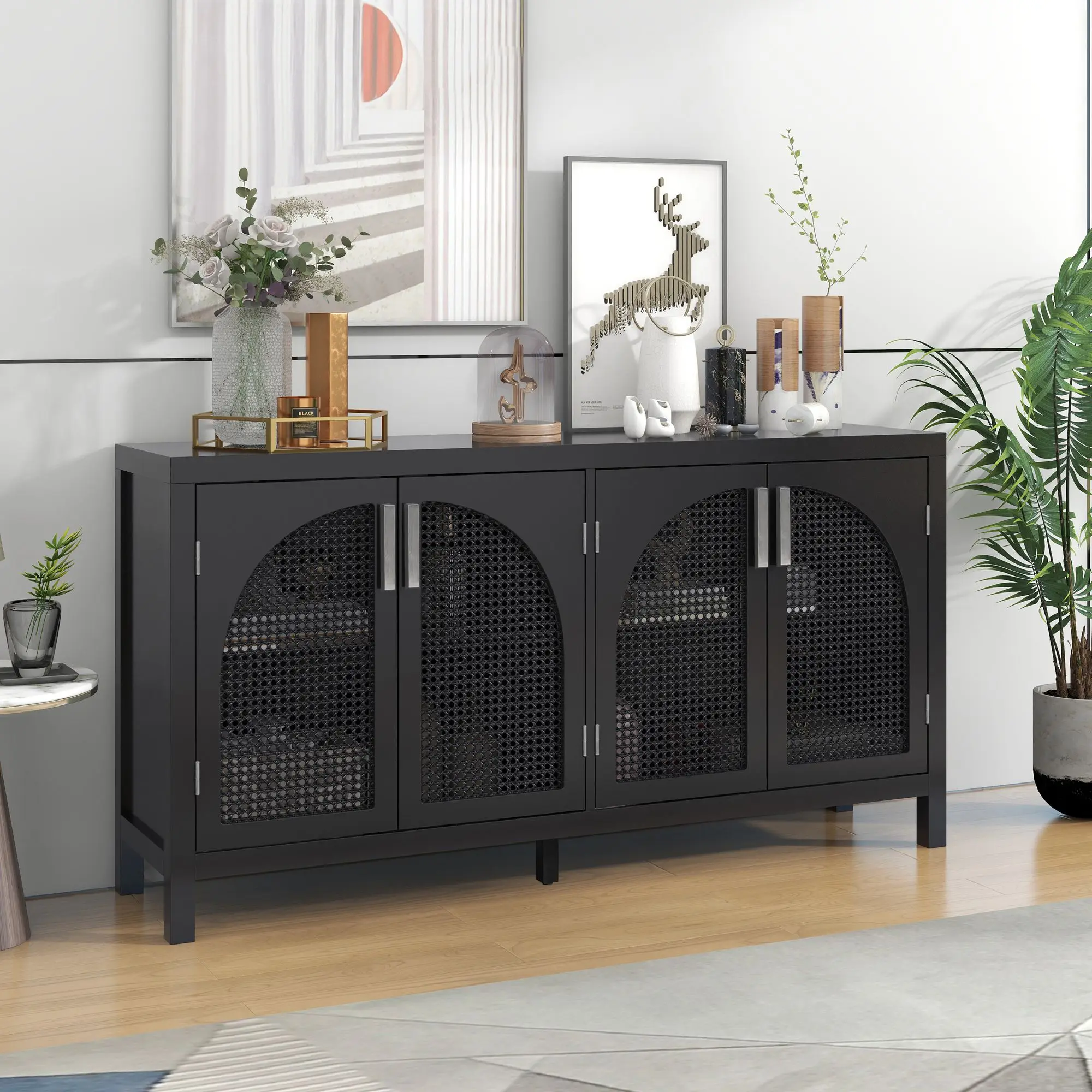 Large Storage Space Sideboard with Artificial Rattan Door and Metal Handles for Living Room and Entryway