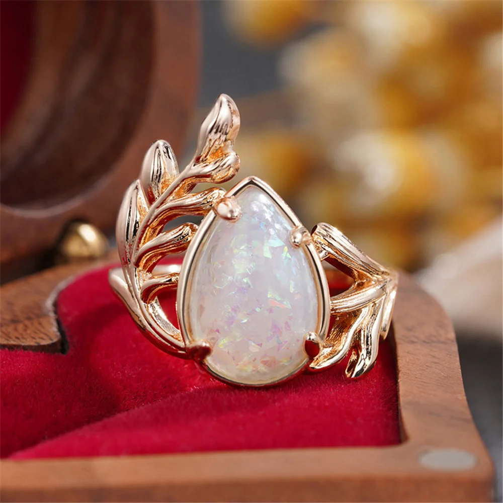 White Fire Opal Stone Cute Water Drop Rings For Women Gold Color Engagement Wedding Jewelry