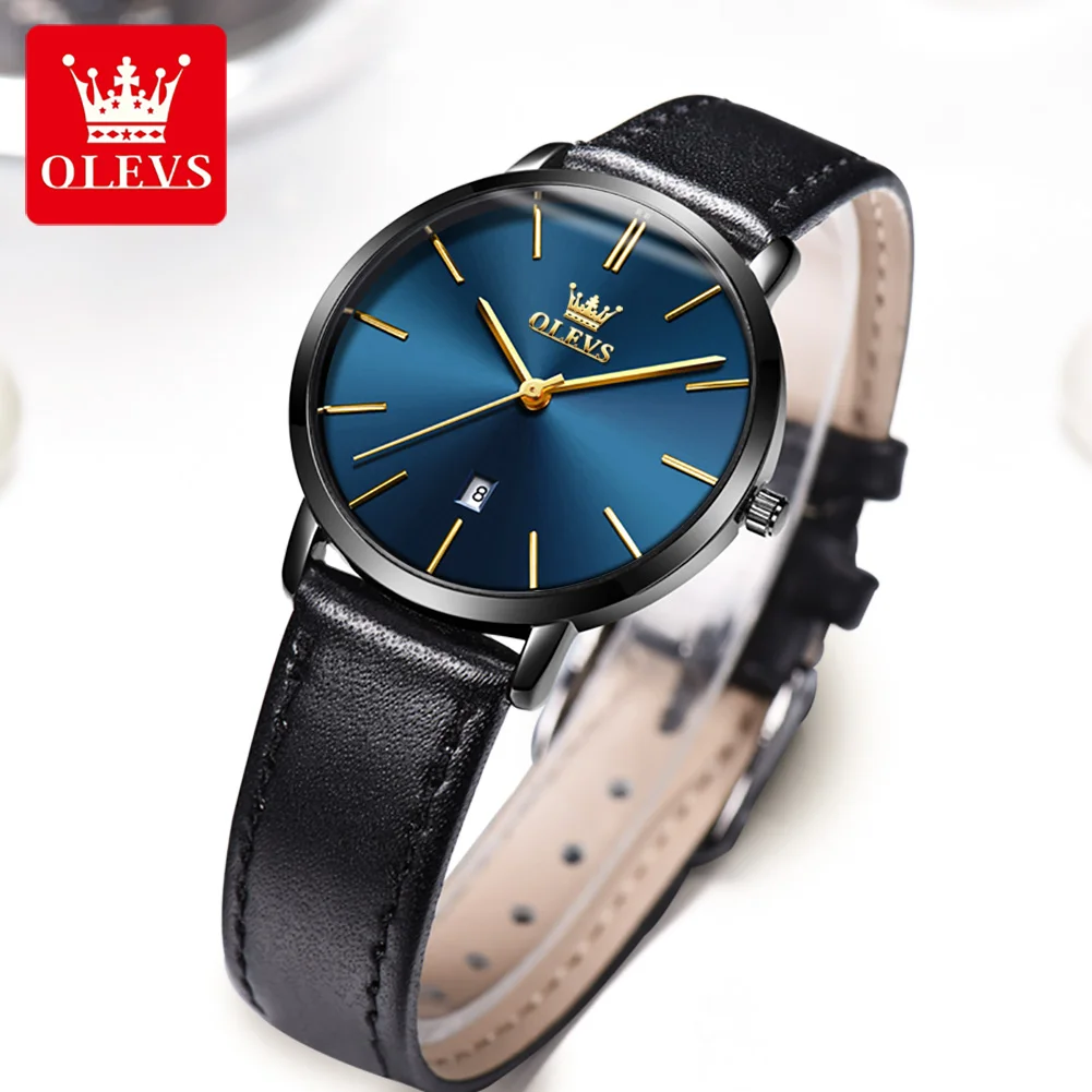 OLEVS Couple Fashion Ultra-thin Quartz Watch for Men Women Luxury Leather Strap Waterproof Calendar Lovers Watch