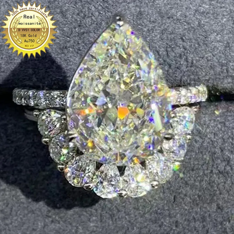 

18K Au750 White Gold Ring DVVS Moissanite Diamonds 1 2 3 4 5 Carat Pear Wedding Party Engagement Anniversary a set Ring