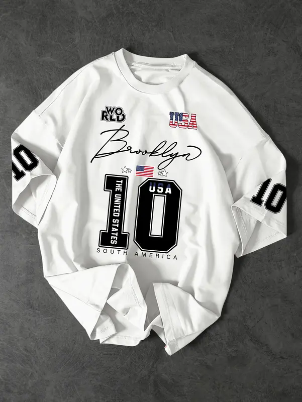 USA Brooklyn Style 10 Print Oversized T Shirt Men's Streetwear Vintage Jersey Tee - Image 2