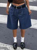 Casual Comfort Wide Leg Denim Shorts Women's Solid Minimalist Pleated Slant Pocket Bermuda Knee Length Jorts Summer Mom Shorts - Image 3