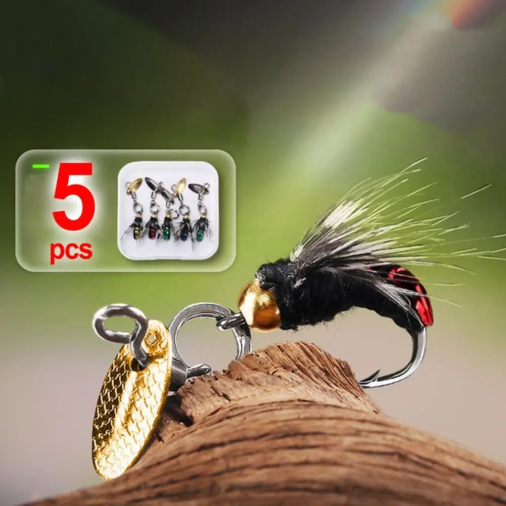 

New 5Pcs Colorful Fly Fishing Bait Set Sequins Fishhook With Feathers Natural Insect Fishing Lure Fishing Tackle