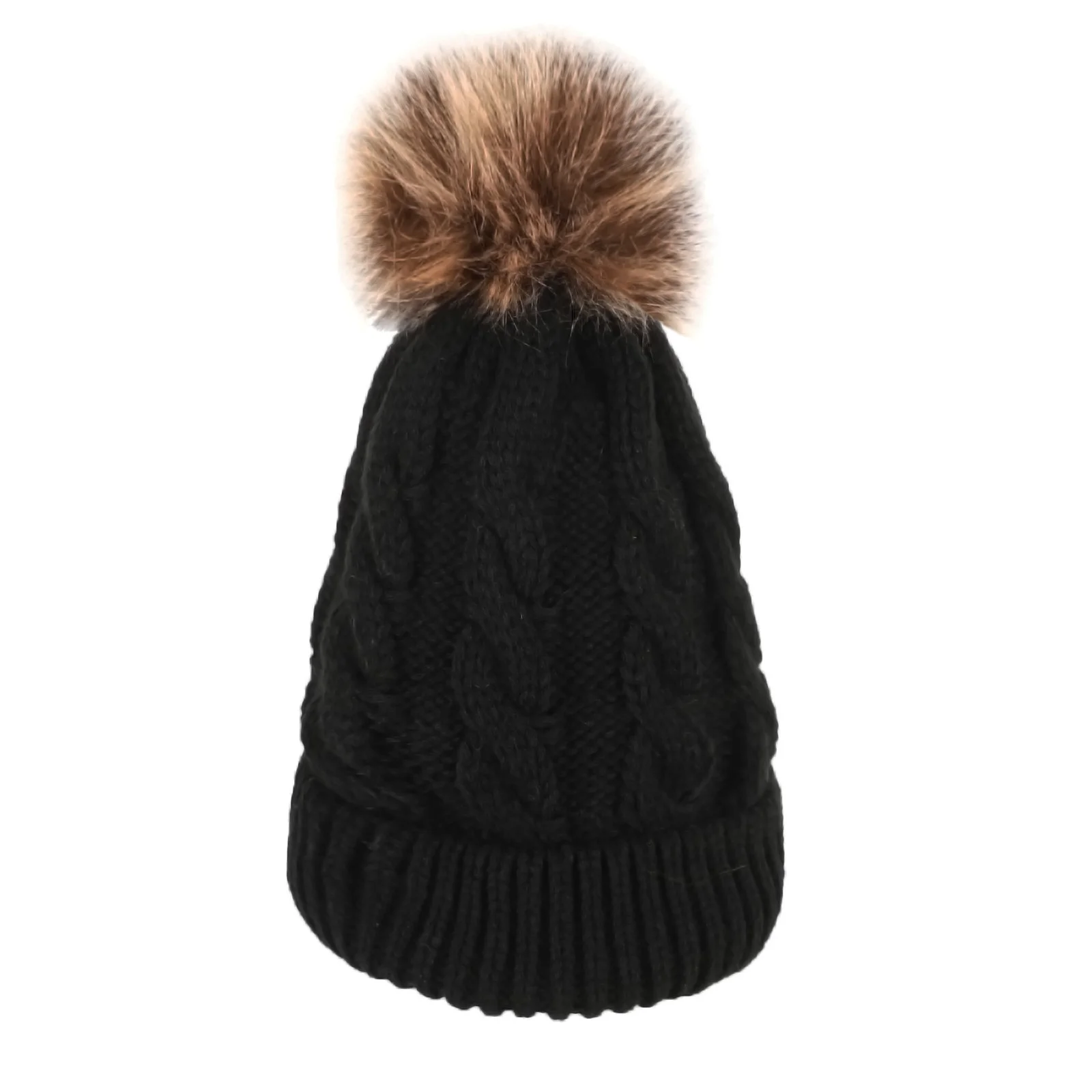 1PC Women's Winter Knitted Beanie Hats With Faux Fur Pom Pom Autumn Winter Warm Cable Knit Skullies Multi-Color Fashion Headwear