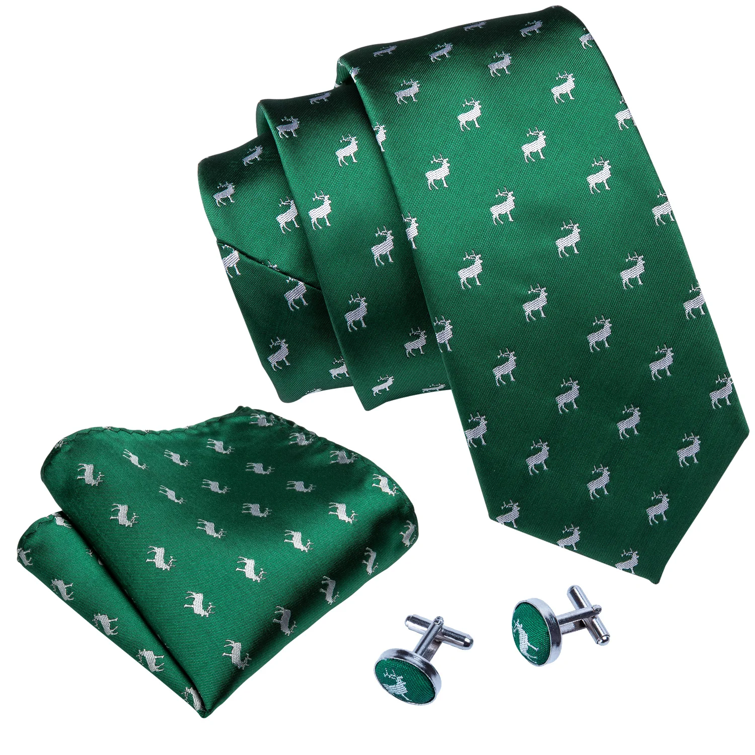 

Green Reindeer Silk Men Tie for Christmas Necktie Hankerchief Cufflinks Set Merry Xmas Festival Bell Snow Santa Tree Barry.Wang