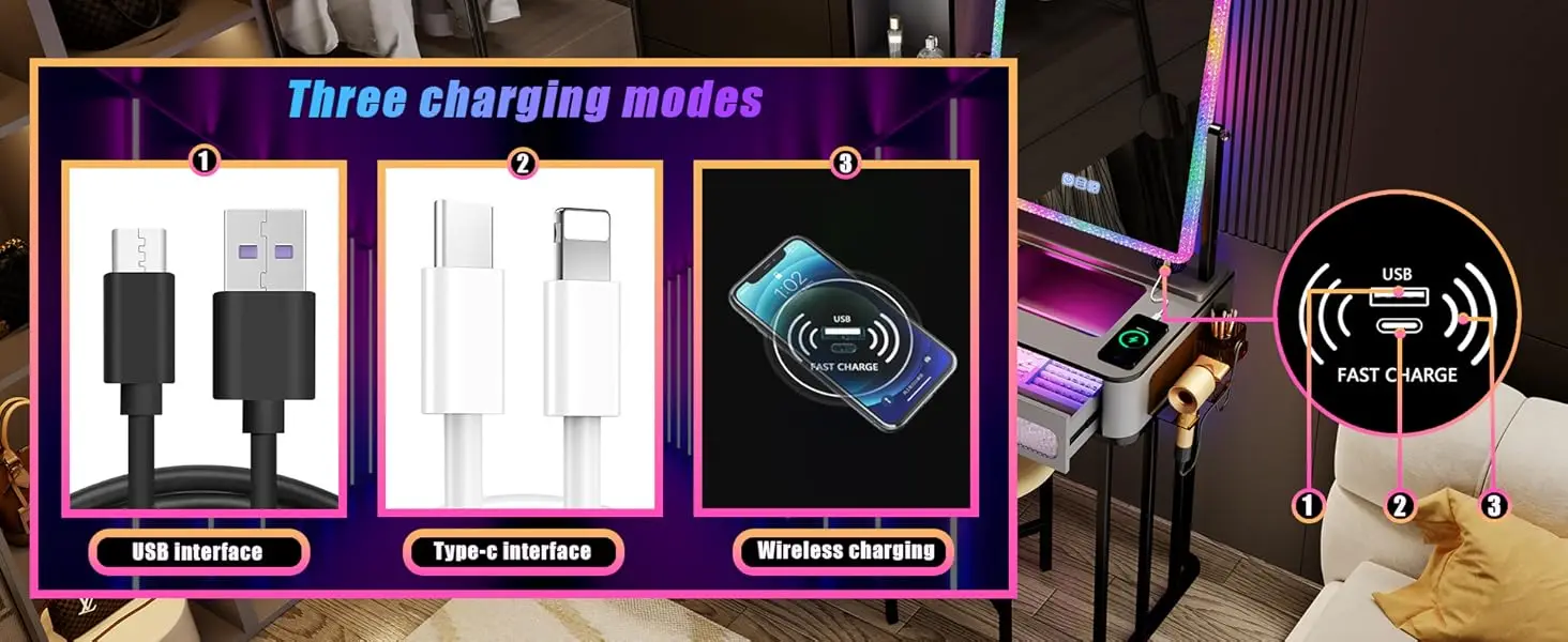 Vanity Desk Set with Glam Glass Top&USB Charging Station