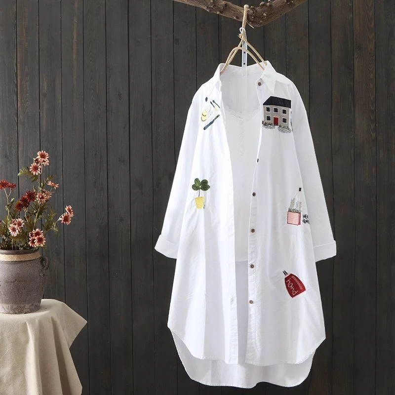 Women Cotton Embroidery Loose Long White Shirts 2025 Spring Autumn New Casual Office Lady Blouse Female Top Loose shirt