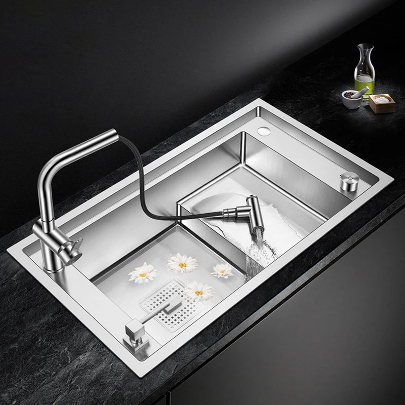 ASRAS Stepped Sink 304 Stainless Steel Kitchen Sink 4mm Thickness 220mm Depth Large Size Handmade Brushed Stepped Kitchen Sinks