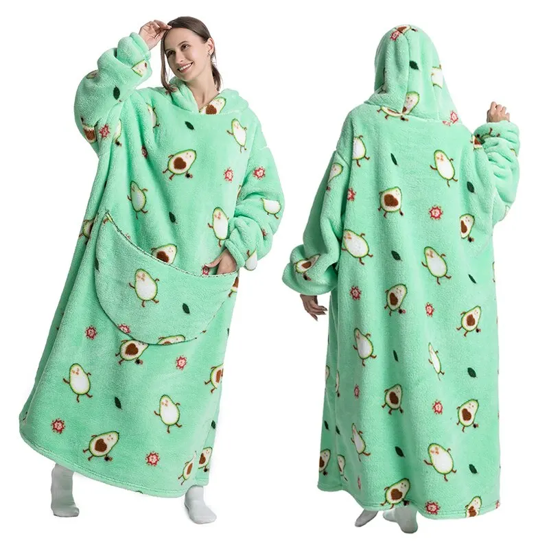 Women Sleepwear Super Long Oversized Homewear Blanket Hoodie Fleece Avocado Winter