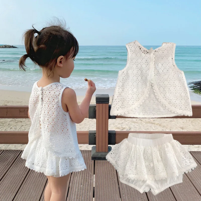 Summer Girls Outfit Suit Fashion Casual Beach Clothes Sets Hollow Lace